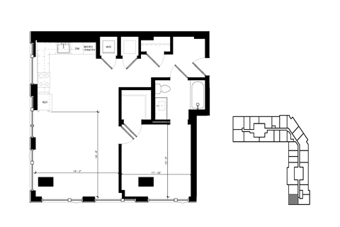 Floor plan for 1 bed, 1 bath, 915 sqft